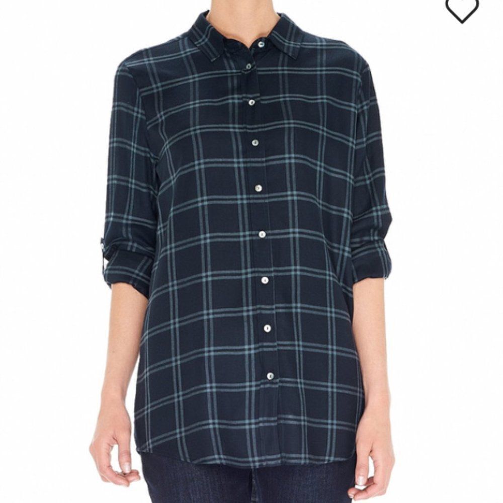 OPUS Fabina Check Tunic Length Button Front Shirt Womens Size 10 Navy Blue Plaid